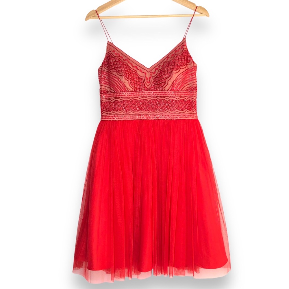 Adrianna Appel Red Lace Bead Sequin Dress Tulle Skirt 6/S Formal Prom Homecoming